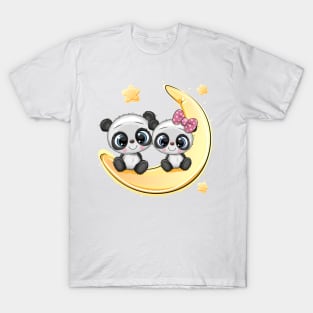 Two cute pandas is sitting on the moon. T-Shirt